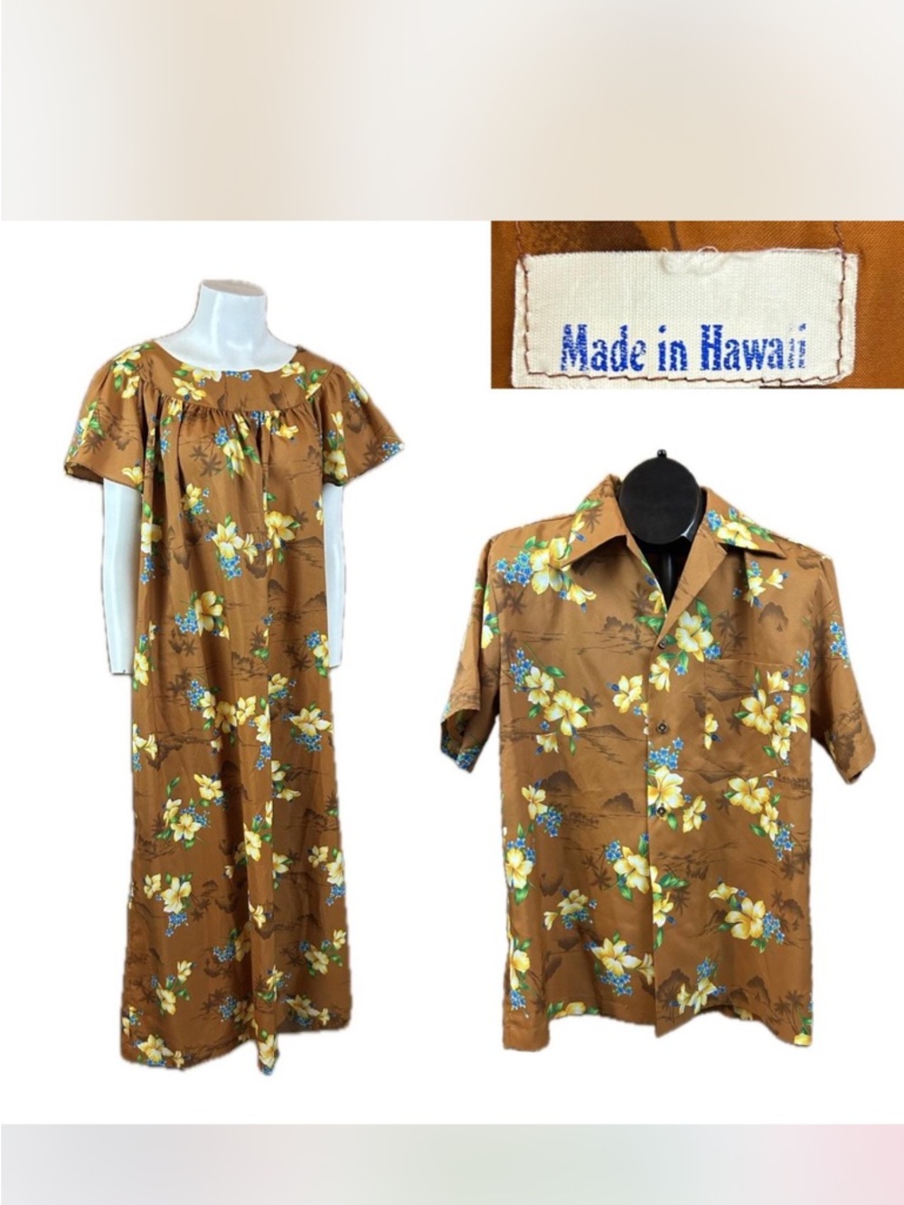 Vintage Hawaiian Floral Two-Piece Set in Brown with Yellow & Blue Flowers 1970s